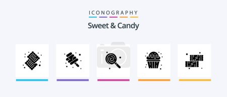 Téléchargez les illustrations : Pack d'icônes Sweet And Candy Glyph 5 comprenant des bonbons. la nourriture. Des bonbons. dessert. Des bonbons. Icônes créatives Design - en licence libre de droit