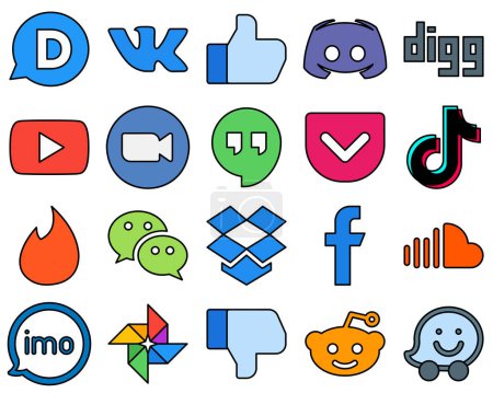 Ilustración de 20 Línea creativa llena de iconos de medios sociales como tiktok. google hangouts. digg y video Totalmente personalizable y simple - Imagen libre de derechos