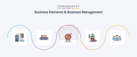 Téléchargez les illustrations : Business Elements And Business Managment Line Filled Flat 5 Icon Pack Including growth. finance. factory. target. market - en licence libre de droit