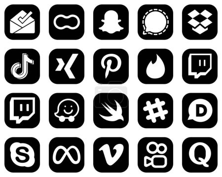 Ilustración de 20 Versatile White Social Media Icons on Black Background such as twitch. pinterest. dropbox. xing and china icons. Eye-catching and high-definition - Imagen libre de derechos