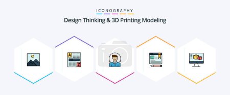 Téléchargez les illustrations : Design Thinking And D Printing Modeling 25 FilledLine icon pack including monitor. education. user. pen. browser - en licence libre de droit