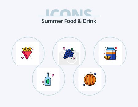 Téléchargez les illustrations : Ligne de nourriture et de boisson d'été rempli Icône Pack 5 Icône Design. la nourriture. bouteille. tasse. boire. bière - en licence libre de droit