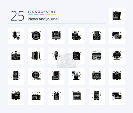 Téléchargez les illustrations : News 25 Solid Glyph icon pack including breaking news. car. computer. broadcast. advertisement - en licence libre de droit