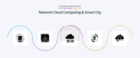 Téléchargez les illustrations : Cloud Computing réseau et Smart City Glyph 5 Icon Pack Y compris l'élimination. serveur. données. serveur - en licence libre de droit