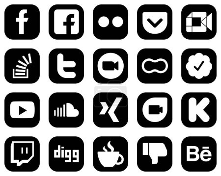 Ilustración de 20 Minimalist White Social Media Icons on Black Background such as meeting. zoom. tweet and overflow icons. Versatile and premium - Imagen libre de derechos