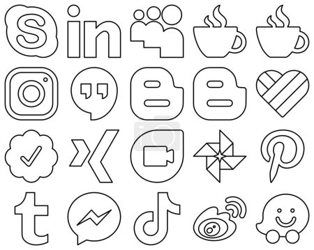 Illustration for 20 Innovative and unique Black Line Social Media Icons such as google duo. twitter verified badge. instagram. likee and blogger icons. High-definition and unique - Royalty Free Image