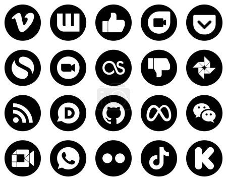 Téléchargez les illustrations : 20 simples icônes de médias sociaux blancs sur fond noir tels que le flux. google photo. zoom. icônes facebook et lastfm. Entièrement personnalisable et professionnel - en licence libre de droit