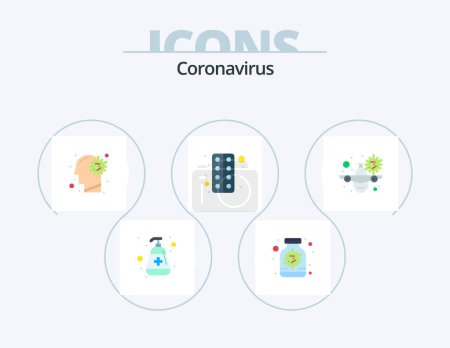 Téléchargez les illustrations : Coronavirus Flat Icon Pack 5 Icon Design. airplane. pill. bottle. tablet. virus - en licence libre de droit