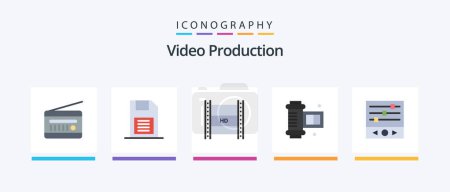 Illustration for Video Production Flat 5 Icon Pack Including camera roll film. ancient camera roll. sd card. high-definition video. hd in filmmaking. Creative Icons Design - Royalty Free Image