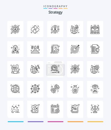 Ilustración de Estrategia creativa 25 Esquema icono paquete Tal como creativo. cohete. objetivo. laptop. mundo - Imagen libre de derechos