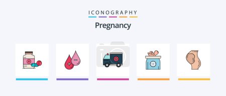 Téléchargez les illustrations : Pregnancy Line rempli pack de 5 icônes, y compris la pilule. Bébé. du lait. Enfant. Icônes créatives Design - en licence libre de droit
