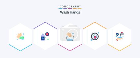 Téléchargez les illustrations : Wash Hands 25 Flat icon pack including hands. virus. hands. covid. blood bacteria - en licence libre de droit