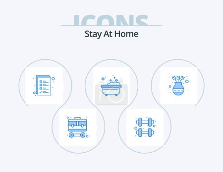 Téléchargez les illustrations : Stay At Home Blue Icon Pack 5 Icon Design. estate. shower. routine gym. bathtub. bath - en licence libre de droit
