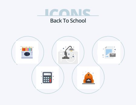 Téléchargez les illustrations : Retour à l'école Icône plate Pack 5 Icône Design. message. retour à l'école. Un crayon. l'éducation. lampe de bureau - en licence libre de droit
