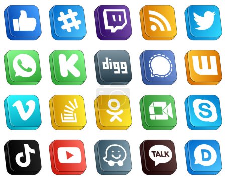 Ilustración de 20 iconos de alta resolución de medios sociales en 3D isométricos como el vídeo. wattpad. whatsapp e iconos de señal. Creativo y profesional - Imagen libre de derechos