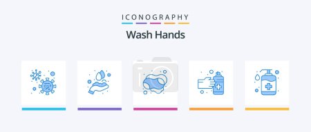 Téléchargez les illustrations : Wash Hands Blue 5 Icon Pack Including hand care. bottle. hand. spray. hands. Creative Icons Design - en licence libre de droit