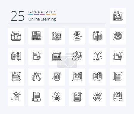 Téléchargez les illustrations : Pack d'icônes Online Learning 25 Line comprenant une tasse. médaille. clavier. apprendre. étude en ligne - en licence libre de droit