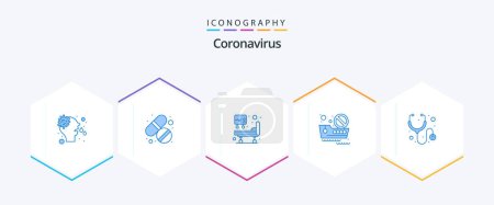Téléchargez les illustrations : Pack icône Coronavirus 25 Bleu incluant médical. Voyage. lit d'hôpital. Navire. voyages interdits - en licence libre de droit