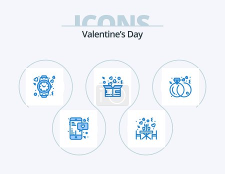 Téléchargez les illustrations : Valentines Day Blue Icon Pack 5 Icon Design. love. box. heart. donation. watch - en licence libre de droit