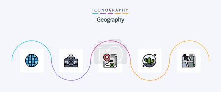 Téléchargez les illustrations : Geo Graphy Line Filled Flat Pack de 5 icônes comprenant la nature. Un cactus. image. annuler. cible - en licence libre de droit