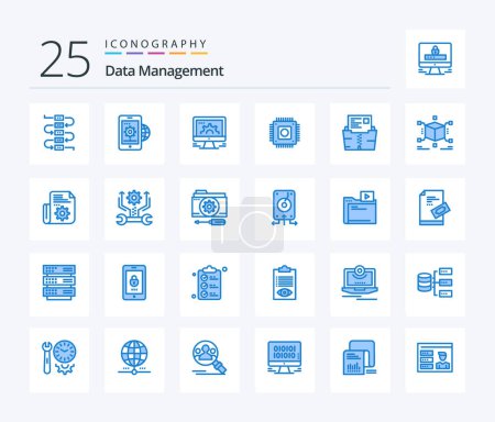 Téléchargez les illustrations : Data Management 25 Blue Color icon pack including zip. microchip. computer. hardware. web - en licence libre de droit