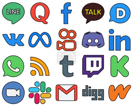 Illustration for 20 Modern Line Filled Social Media Icons Collection such as professional. vk. text and discord Professional and high-quality - Royalty Free Image