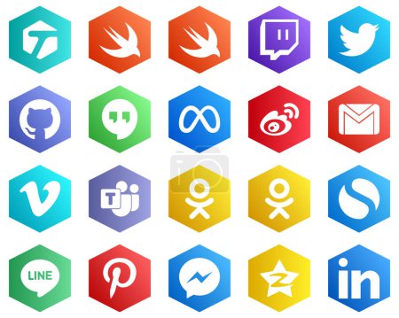 Téléchargez les illustrations : 25 Editable White Icons such as video. mail. facebook and email icons. Hexagon Flat Color Backgrounds - en licence libre de droit