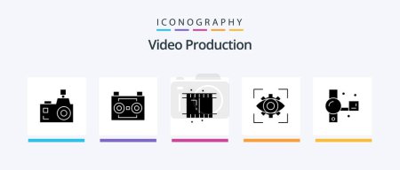 Téléchargez les illustrations : Ensemble d'icônes Glyphe 5 de production vidéo avec vue. se concentrer. enregistrement numérique. la vue. vidéo. Icônes créatives Design - en licence libre de droit