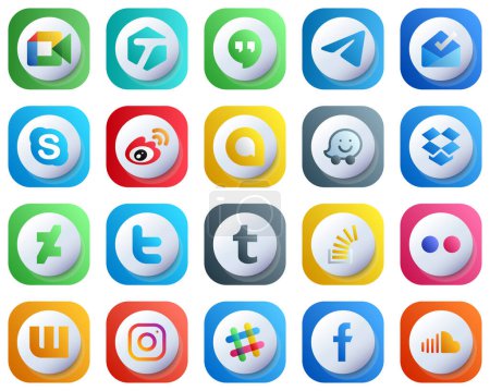 Illustration for 20 Cute Elegant 3D Gradient Social Media Icons such as dropbox. google allo. inbox and sina icons. Modern and Clean - Royalty Free Image