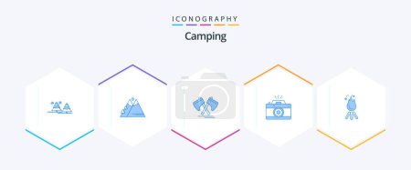 Téléchargez les illustrations : Camping 25 Pack icône bleue avec capture. caméra. Soleil. viking. outil - en licence libre de droit