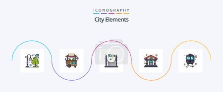 Téléchargez les illustrations : City Elements Line Filled Flat 5 Icon Pack Including transportation. rail. bridge. building. show - en licence libre de droit