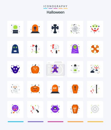 Téléchargez les illustrations : Pack créatif Halloween 25 icône plate tel que le visage. web. os. Une araignée. effrayant - en licence libre de droit