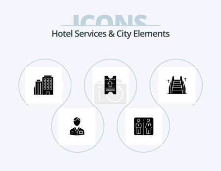 Téléchargez les illustrations : Services de l'hôtel et éléments de la ville Glyph Icon Pack 5 Icon Design. escalier. l'hôtel. l'hôtel. Passe. ville - en licence libre de droit