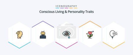 Illustration for Concious Living And Personality Traits 25 FilledLine icon pack including heart. grow. happy. gratitude. eye - Royalty Free Image
