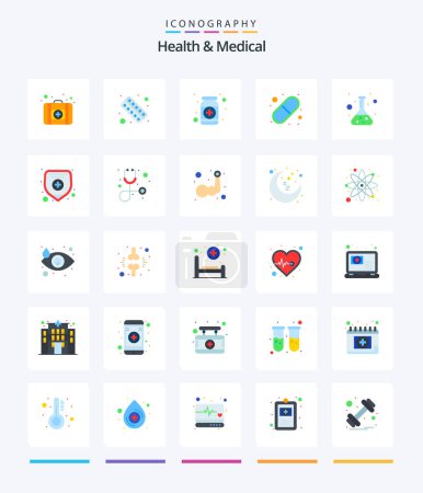 Illustration for Creative Health And Medical 25 Flat icon pack  Such As medical insurance. test. capsule. science. flask - Royalty Free Image