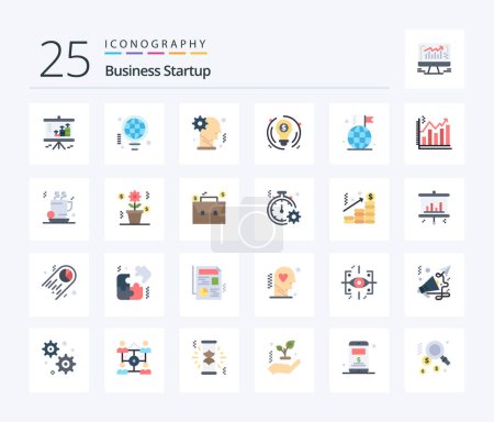 Téléchargez les illustrations : Business Startup 25 Flat Color icon pack including dollar. business. idea. bulb. mechanism - en licence libre de droit