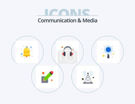 Téléchargez les illustrations : Communication And Media Flat Icon Pack 5 Icon Design. search. business. bell. support. headset - en licence libre de droit