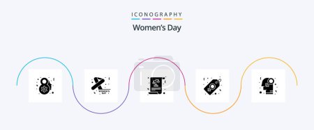 Téléchargez les illustrations : Journée des femmes Glyphe 5 Icône Pack Y compris le genre. Les femmes signent. équilibre. tag. étiquette - en licence libre de droit