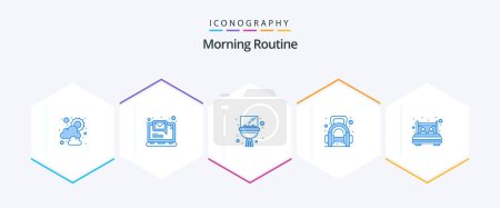 Illustration for Morning Routine 25 Blue icon pack including bedroom. gym. sink. dumbbell. fitness - Royalty Free Image