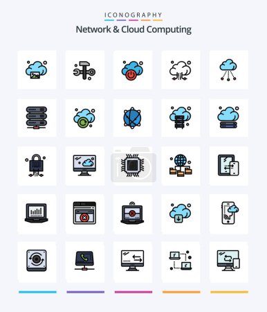 Téléchargez les illustrations : Creative Network And Cloud Computing 25 Line FIlled icon pack  Such As network. computing. cloud. technology. connection - en licence libre de droit