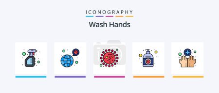 Téléchargez les illustrations : Wash Hands Line Filled 5 Icon Pack Including blood bacteria. transmission. bacteria. pandemic. ambulance. Creative Icons Design - en licence libre de droit