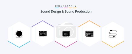 Illustration for Sound Design And Sound Production 25 Glyph icon pack including module. audio. tape. wave. hertz - Royalty Free Image