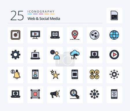 Téléchargez les illustrations : Web And Social Media 25 Line Filled icon pack including internet. world. arrow. social. share - en licence libre de droit