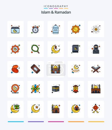 Téléchargez les illustrations : Islam créatif et Ramadan 25 ligne Icône fiché pack tels que montée. musulman. bouteille. islam. art - en licence libre de droit