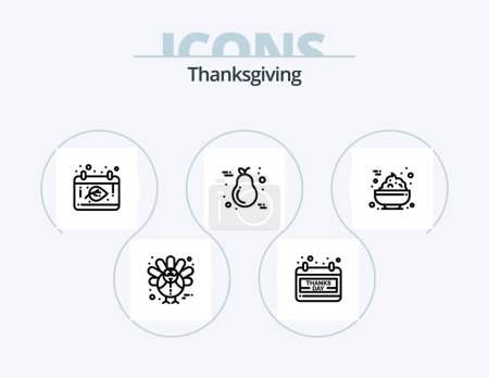 Téléchargez les illustrations : Thanksgiving Line Icon Pack 5 Icon Design. vacances. le petit déjeuner. pomme. du porridge. bol - en licence libre de droit