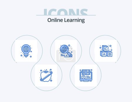 Illustration for Online Learning Blue Icon Pack 5 Icon Design. alphabet. internet. online. globe. light - Royalty Free Image