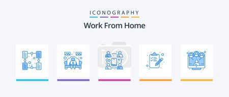 Illustration for Work From Home Blue 5 Icon Pack Including content. done. worker. checklist. meeting. Creative Icons Design - Royalty Free Image