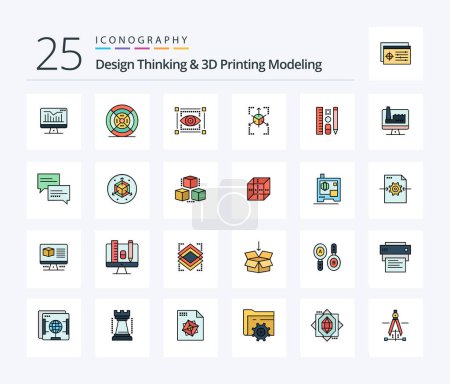 Téléchargez les illustrations : Design Thinking And D Printing Modeling 25 Line Pack d'icônes rempli avec crayon. graphique. visuel. base de données. prototype - en licence libre de droit