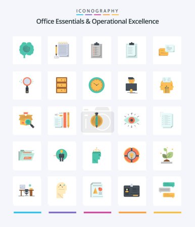 Téléchargez les illustrations : Creative Office Essentials And Operational Exellence 25 Pack d'icônes plates comme le verre. popup. bloc-notes. message. chat - en licence libre de droit
