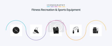 Téléchargez les illustrations : Fitness Recreation And Sports Equipment Glyph 5 Icon Pack Including jump rope. exercise. runner. sport. energy - en licence libre de droit